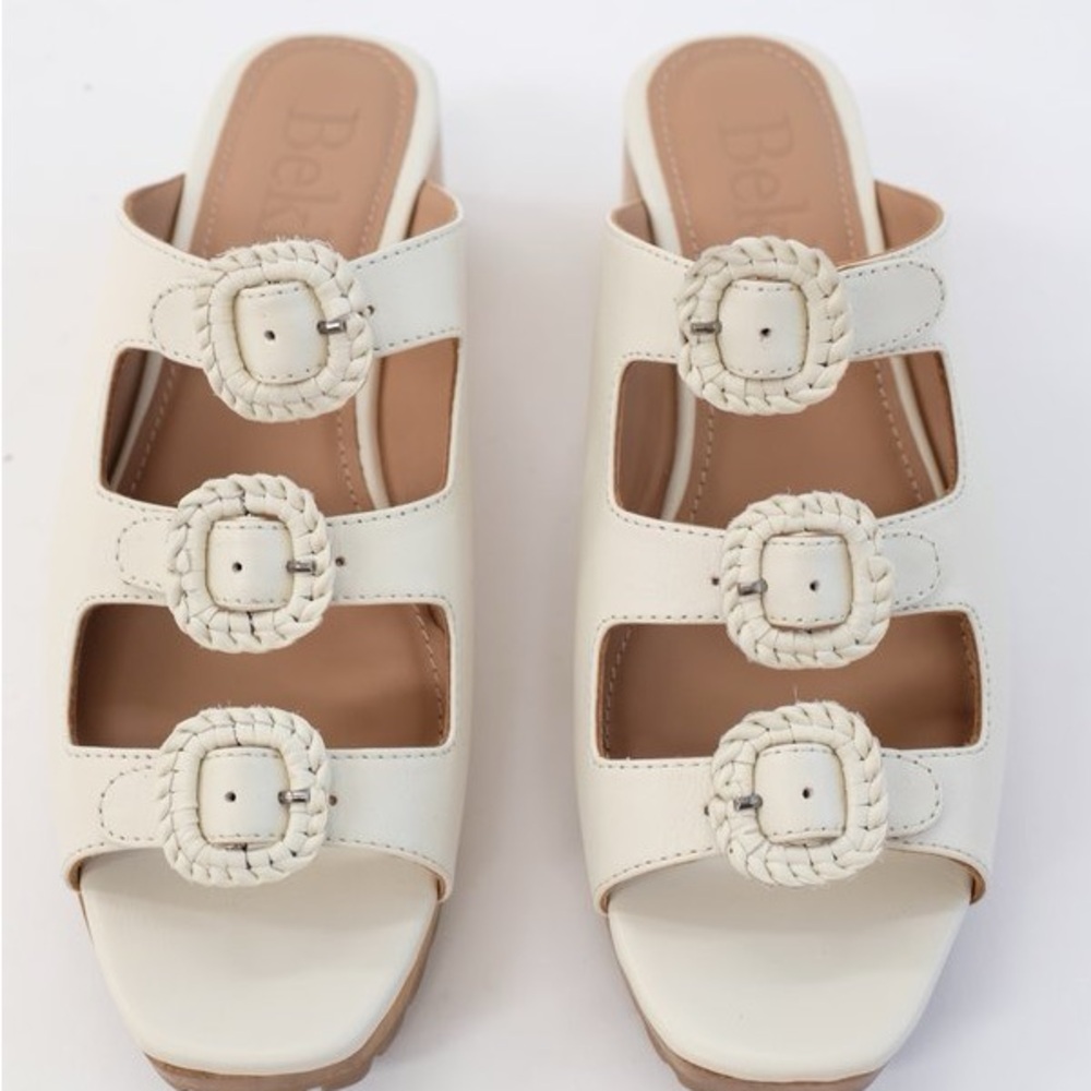 Beige Braided Buckle Slide Mules